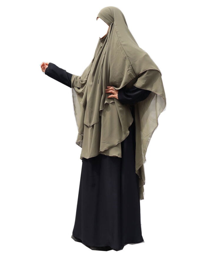 Olive green chiffon khimar with niqab, long premium khimar